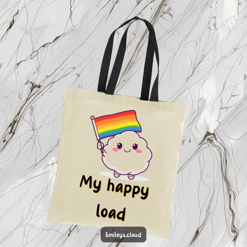Funny tote bag with a smiling cloud critter proudly waving a colorful rainbow flag, spreading happiness.