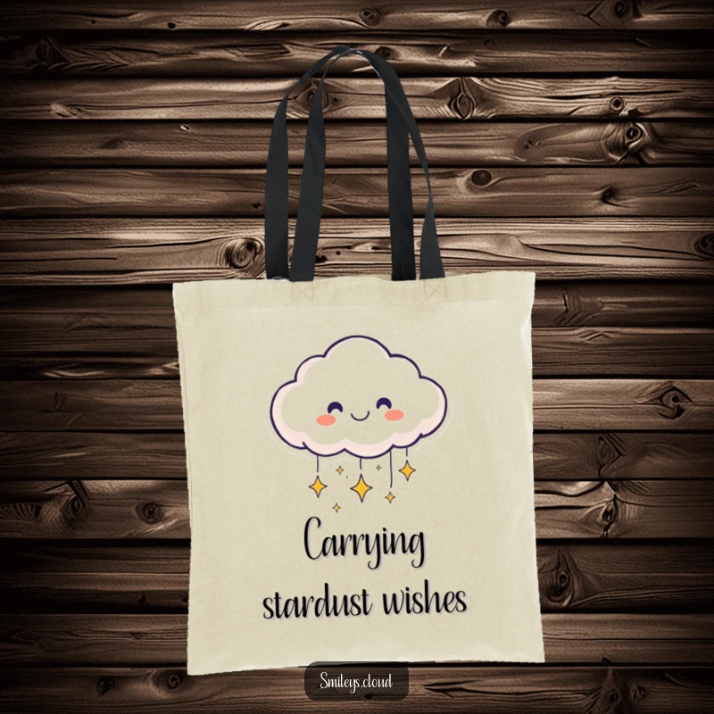 Funny smiling cloud character tote bag showering sparkling stars, great for carrying dreams and essentials.