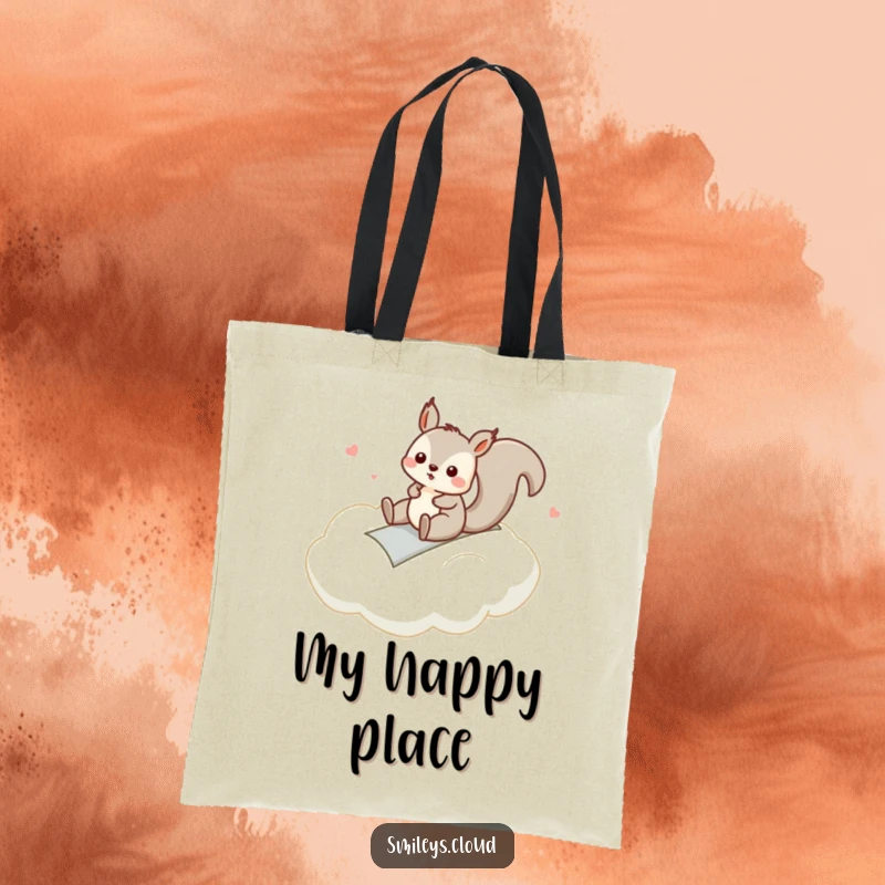 Funny tote bag with a silly squirrel sliding down a cloud, perfect for carrying daily items with a playful touch.