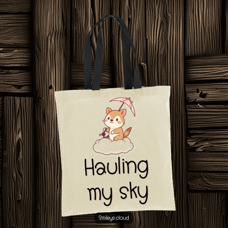 Funny tote bag with a determined animal steering a cloud with a tiny umbrella, symbolizing perseverance and a humorous approach to challenges.