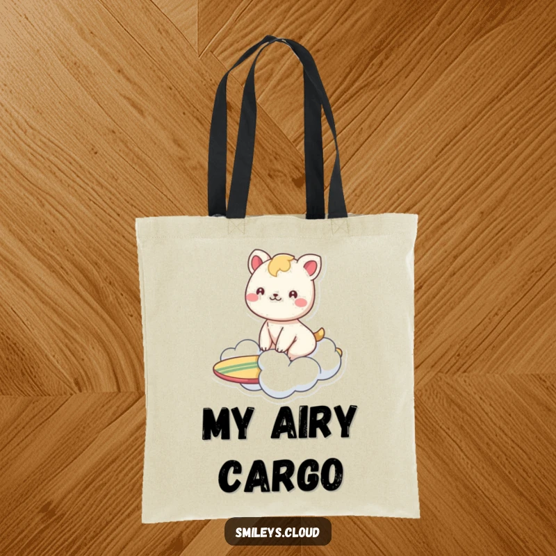 Funny tote bag showing a smiling animal joyfully surfing on a cloud, embodying pure happiness and a carefree lifestyle.