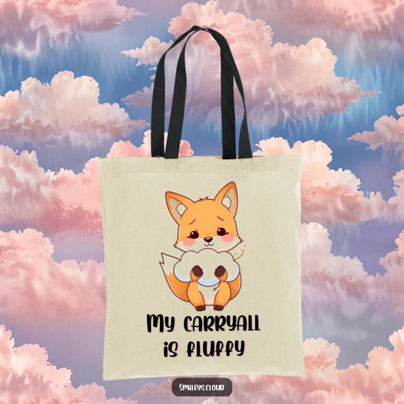 Funny tote bag featuring a happy fox holding a fluffy cloud as a balloon, perfect for carrying essentials with a smile.