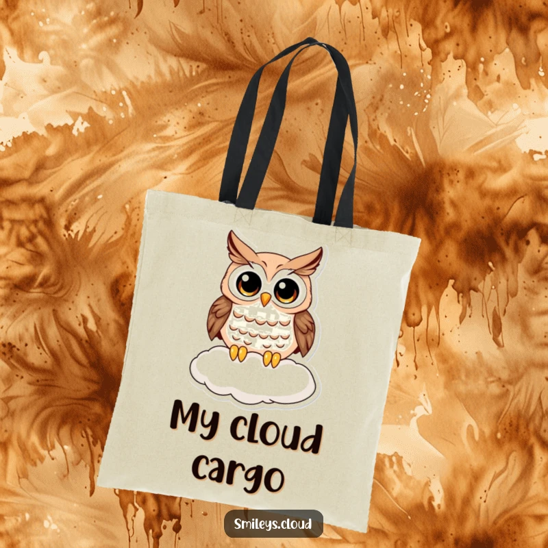 Funny owl tote bag with a wide-eyed, curious owl perched on a cloud, an accessory that adds humor and personality to any outing.