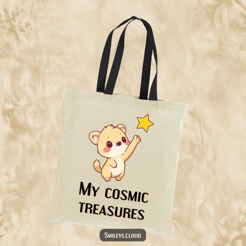 Funny tote bag depicting a curious animal reaching out to touch a distant star, embodying aspiration and gentle exploration.