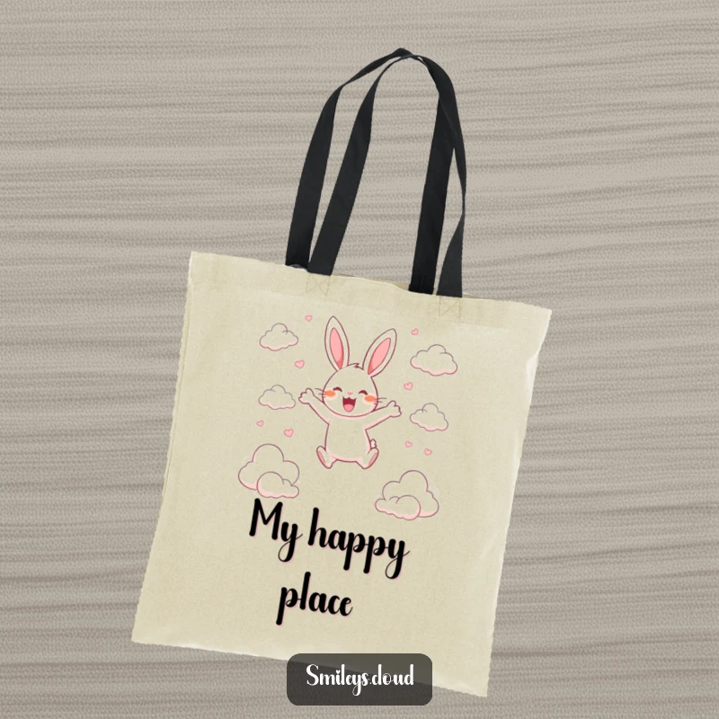 Funny tote bag showcasing a happy rabbit energetically leaping between clouds, embodying pure joy and freedom.