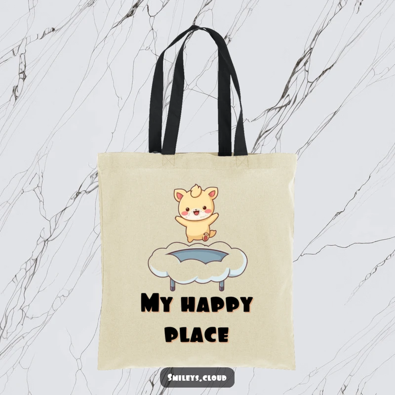 Funny tote bag showcasing a delighted animal character energetically leaping on a soft, bouncy cloud, perfect for everyday use.