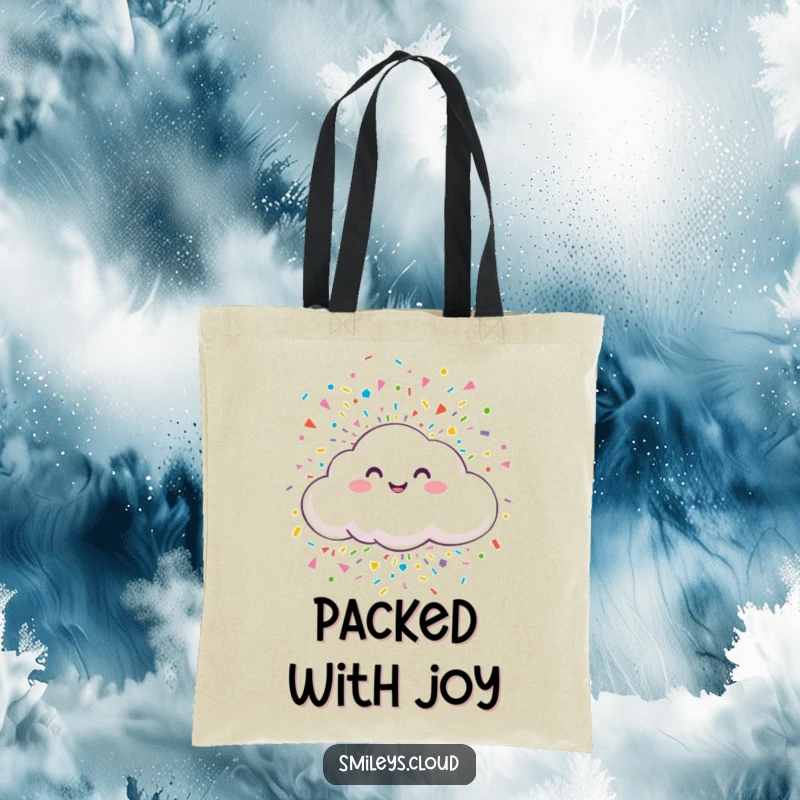 Funny tote bag showing a smiling cloud releasing a vibrant confetti burst, perfect for carrying items with a festive and humorous flair.
