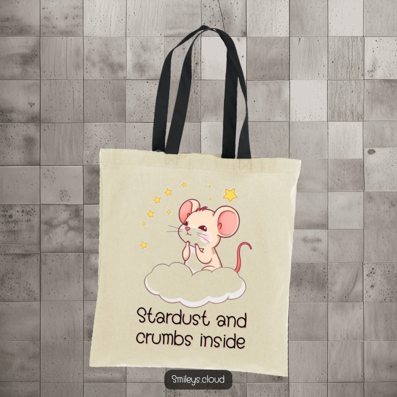 Funny tote bag featuring a contemplative mouse gazing at stars from a cloud, perfect for carrying items with a sense of wonder.